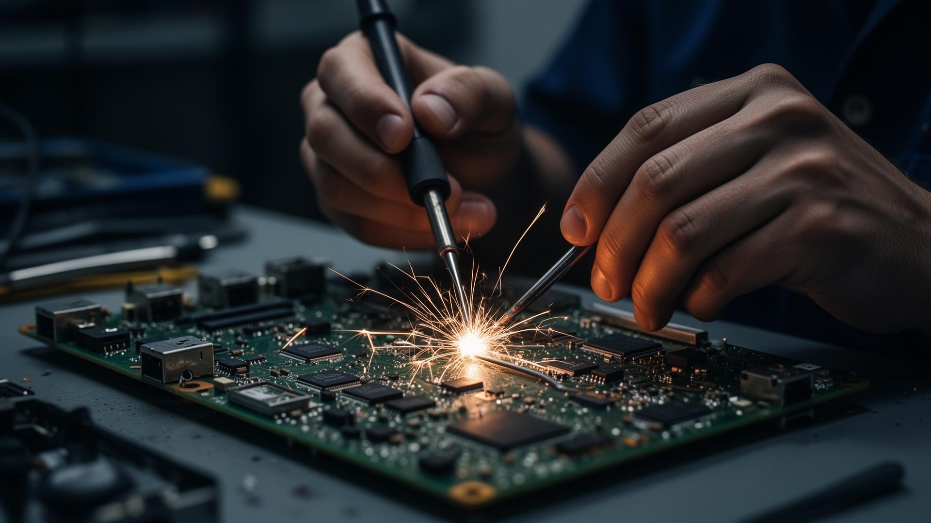 Técnico reparando una placa electrónica con soldador